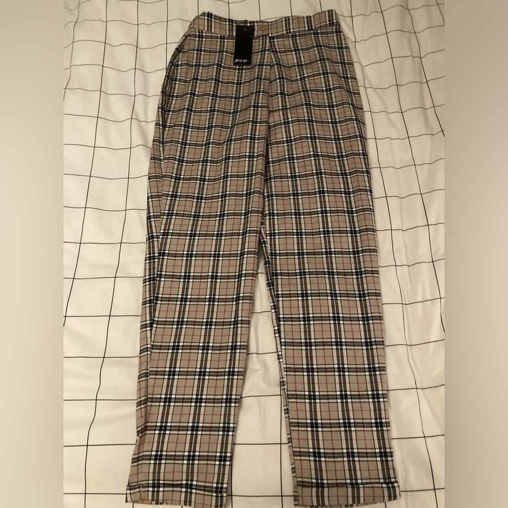 NWT Nasty Gal Womens Plaid Dress Pants Beige Size 4